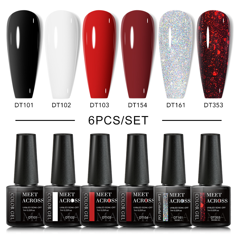 MEET ACROSS 6 TEILE/SATZ Glitter Rot Silber Gel Nagellack Glitter Pailletten Semi Permanent UV Nagel Kit Basis Matte Top Mantel Nagel kunst