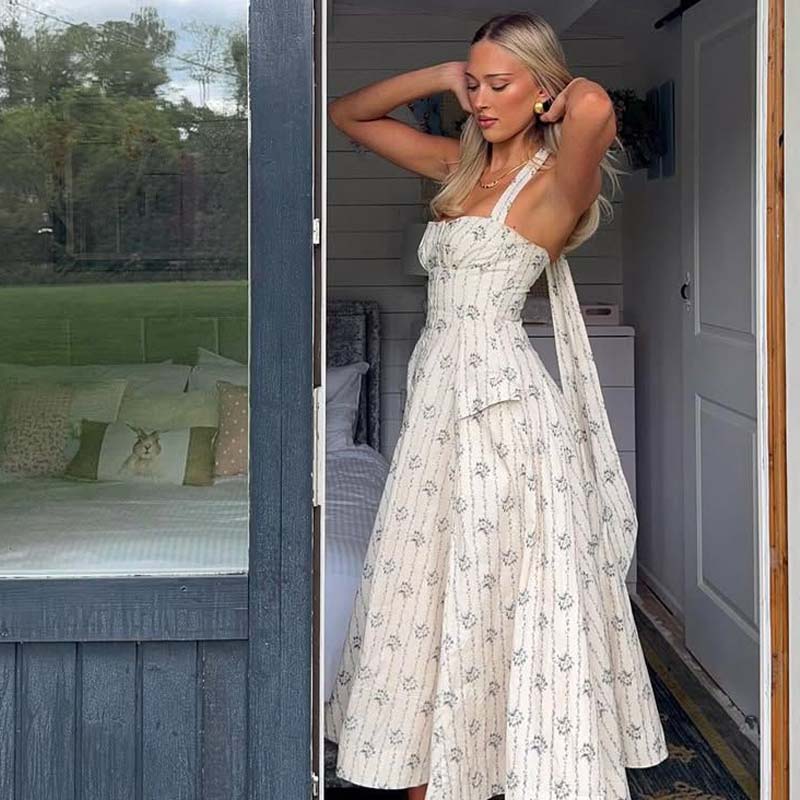 Yenkye elegante halter a linha midi longo floral impressão vestido feminino algodão férias verão sexy sem costas vestidos de festa robe 2025