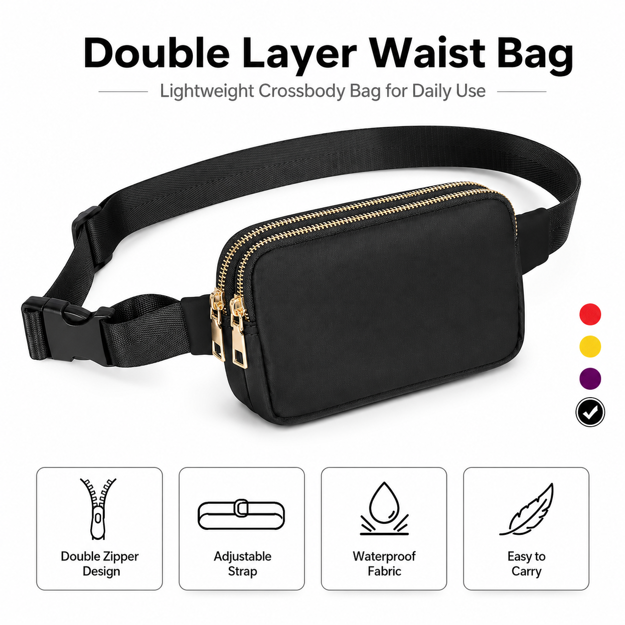 Tas Pinggang Outdoor dengan Ritsleting Ganda, Tas Selempang Hiking, Tas Pinggang Travel, Tas Kecil Tahan Air yang Dapat Disesuaikan