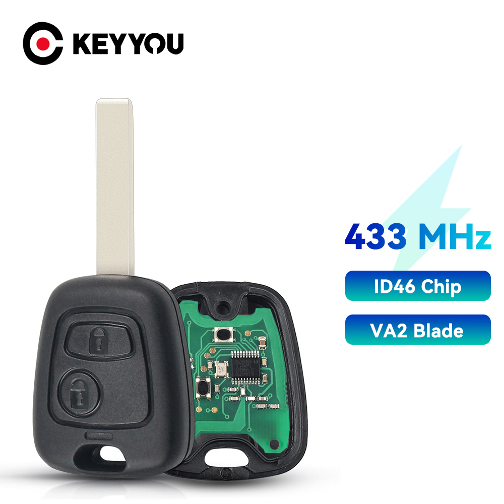 KEYYOU-llave de coche remota sin llave, 433MHZ, 2 botones, Peugeot 307, Citroen C1, C3, hoja VA2, Chip ID46, PCF7961, carcasa de llave
