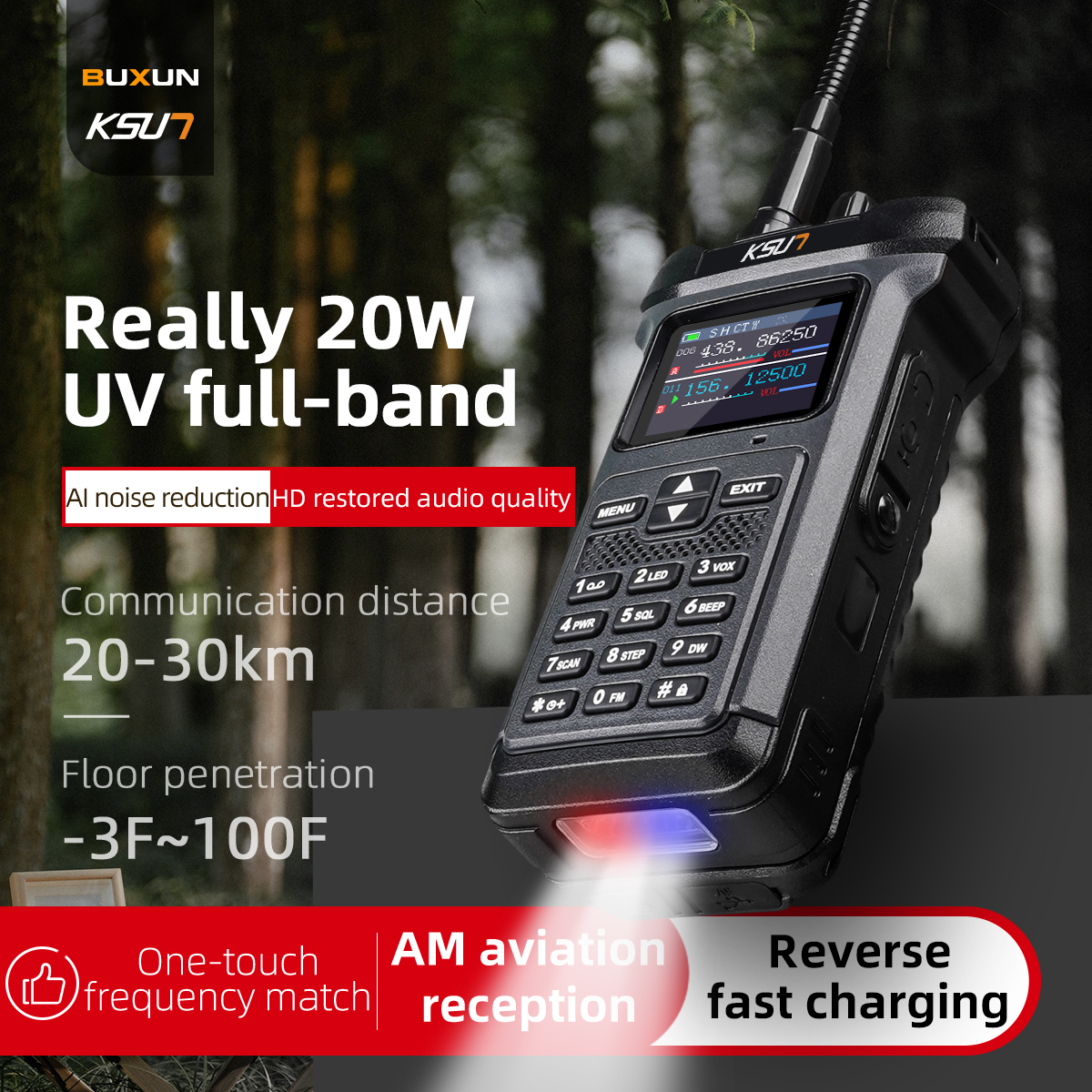 Ksut uv119d vhf uhf banda dupla rádio presunto lanterna carga reversa intercom 20w walkie talkie de alta potência para indústria ao ar livre