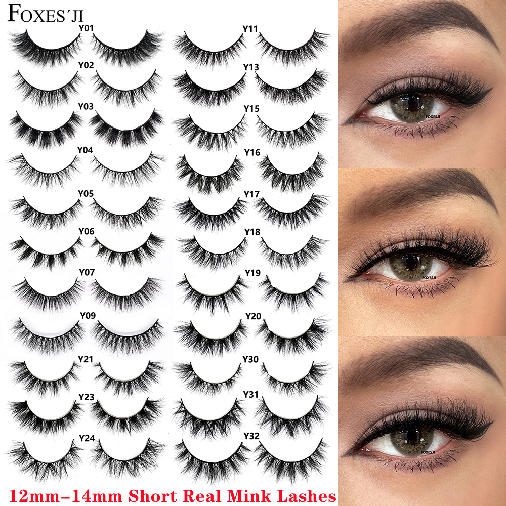 FOXESJI Kurze künstliche Wimpern, Wimpernverlängerung, Nerzwimpern, flauschig, weich, Kreuzwimpern, 12–15 mm, handgefertigt, natürliche kurze Wimpern, Make-up