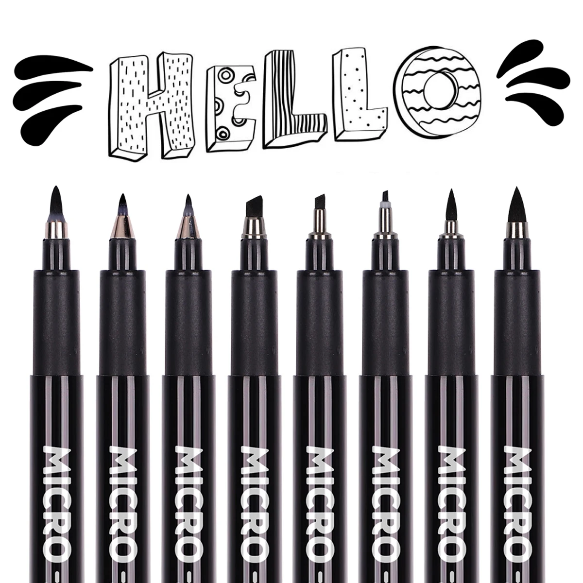 8 ชิ้นมือตัวอักษรปากกา, ตัวอักษรแปรงเครื่องหมายสําหรับเขียน Sketching Art Drawing ภาพประกอบ Scrapbooking Journaling สีดํา