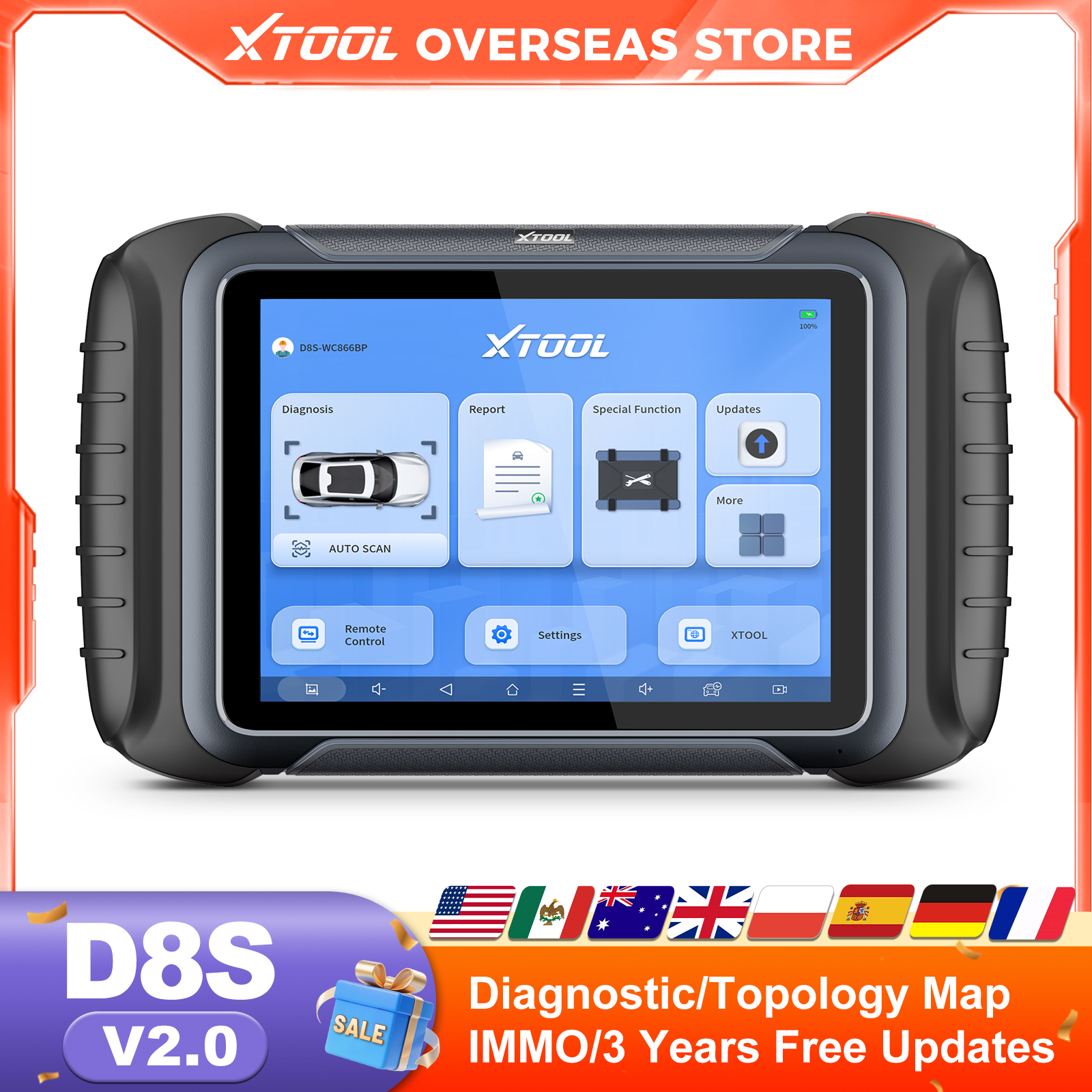 Диагностический инструмент XTOOL D8S V2.0 для автомобилей: онлайн-кодирование ЭБУ, топологическая карта, программирование ключей, автомобильный сканер с 42+ функциями сброса, FCA, CAN FD