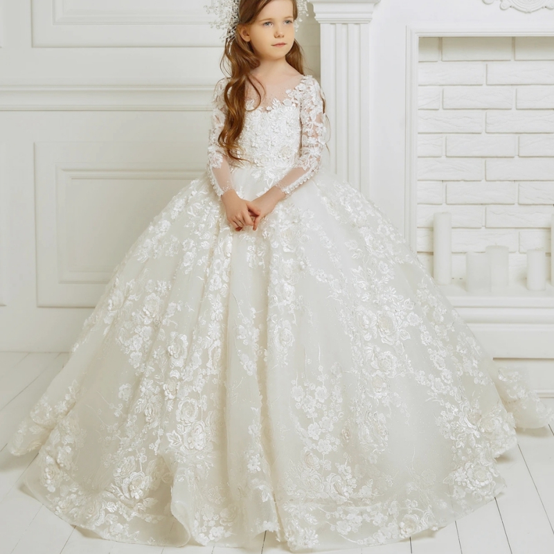 Vestidos de niña de flores de color marfil personalizados, lujosos apliques florales de encaje, manga larga para boda, fiesta de graduación, vestidos de desfile