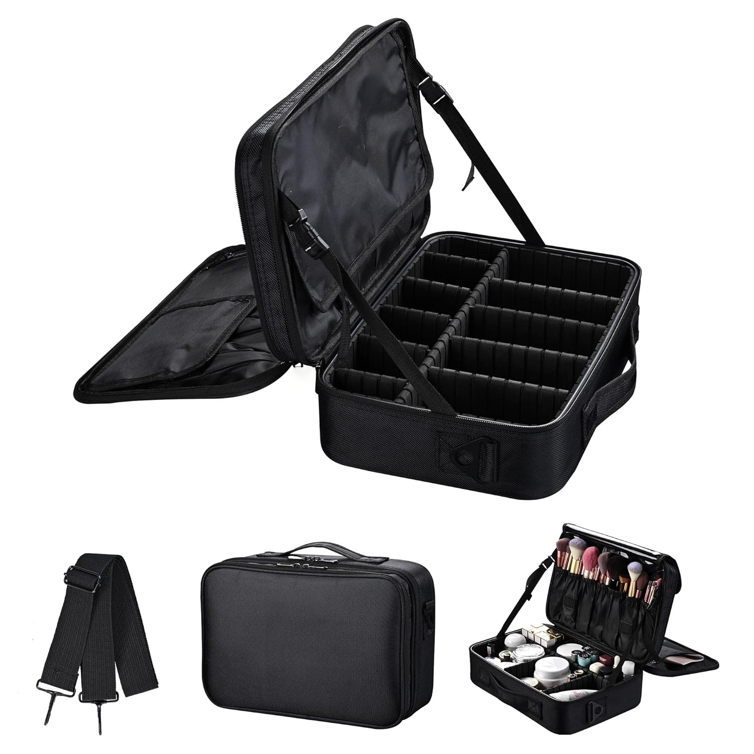 Estuche de maquillaje de viaje de gran capacidad, organizador portátil para artistas con divisores ajustables y correa para el hombro para artículos de tocador y joyería