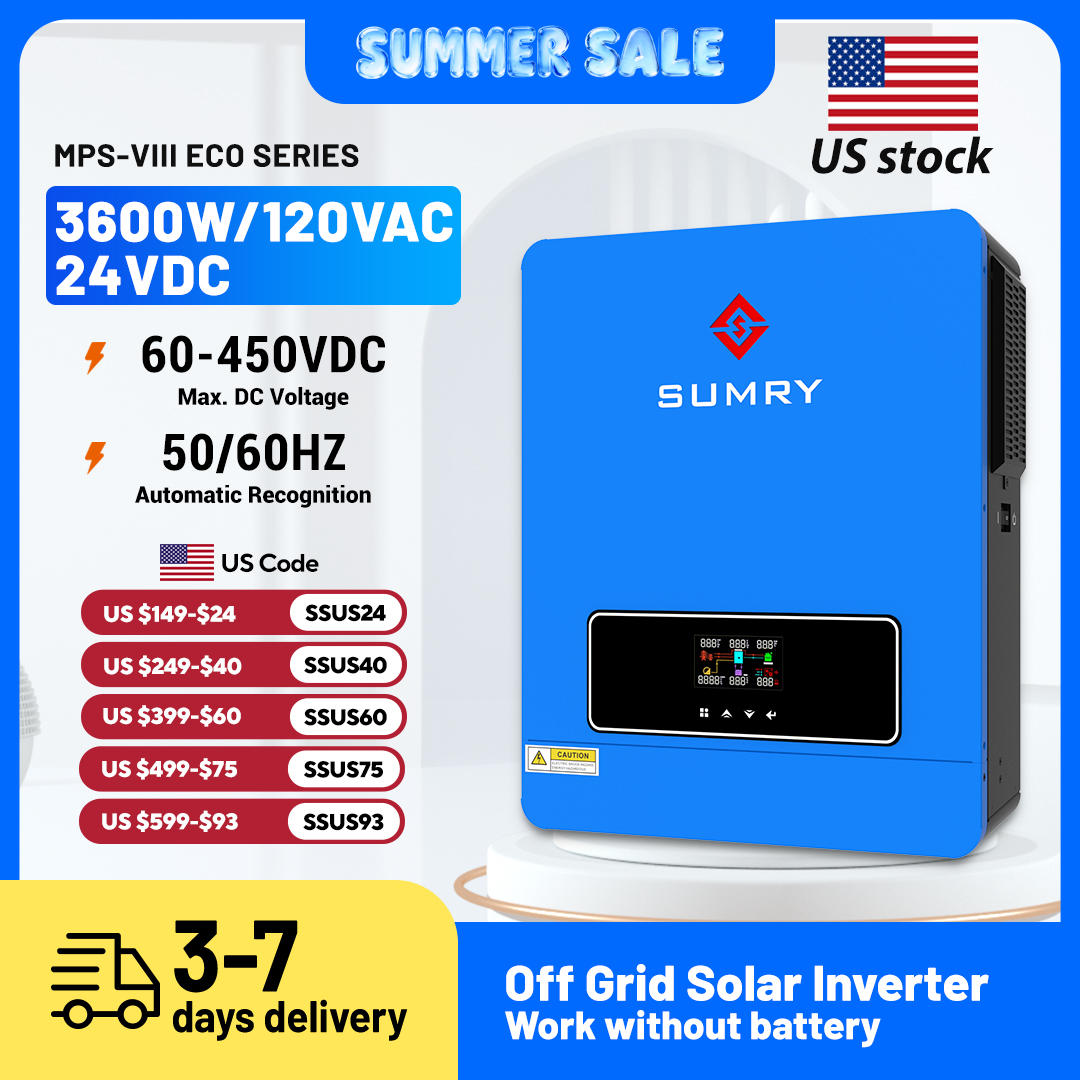 Sumry 3.6kw Hybrid Solar Inverter 110/120v 24v Dual Output with MPPT 120A 60-450v 50/60hz Home Inversor Pure Sine Wave