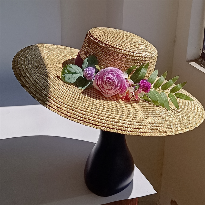 Sombrero de Paja 100% con Flores Artificiales, Sombrero de Paja con Flores Simuladas, Parte Superior Plana Extraíble, Sombrero de Verano con Correa para Mujer, Sombrero de Boda