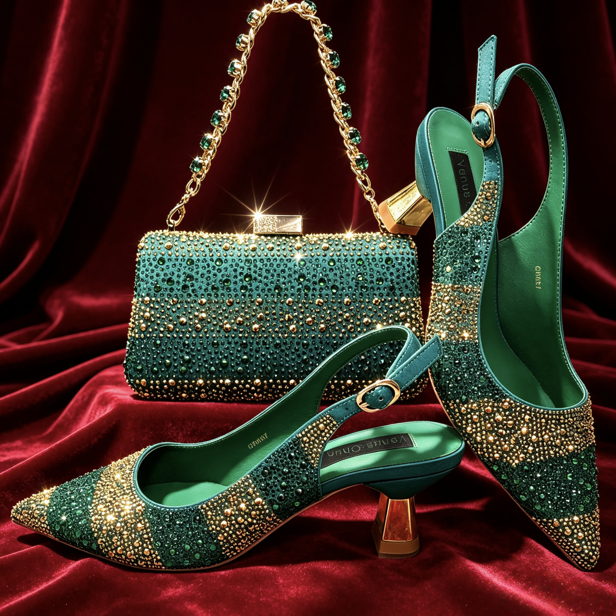 Conjunto de Sapatos Slingback com Strass Verde Dourado Venus Chan e Bolsa de Mão para Noite Combinando, Bico Fino, Salto Bloco Metálico, para Casamento Feminino