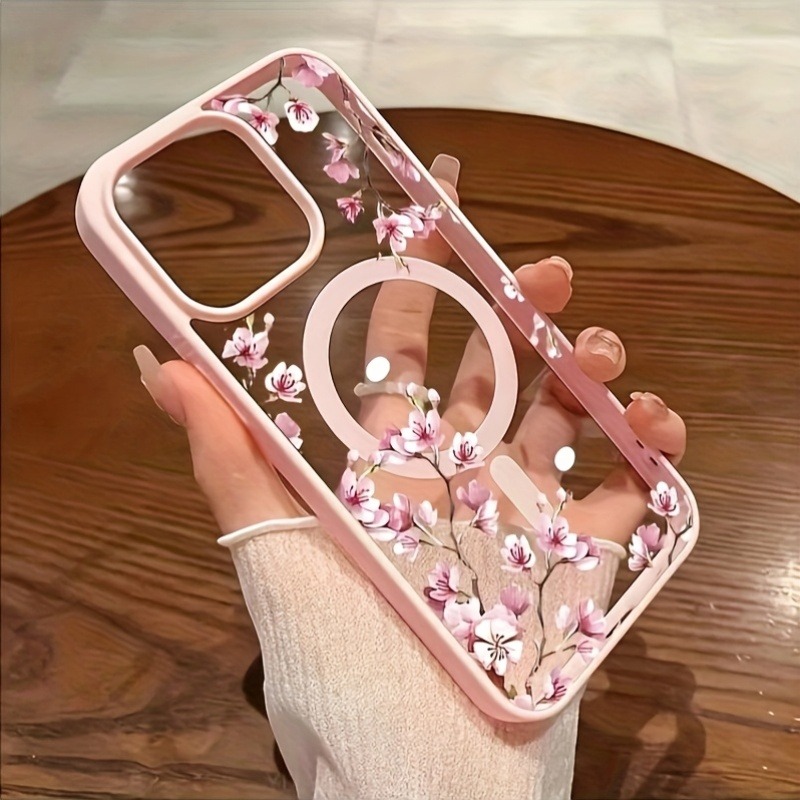 ピンクチェリー エレガントな花柄背景デザイン マグネット式スマホケース iPhone 17 16 15 14 13 12 Pro Max 11 16 Plus 16E 17Air カバー