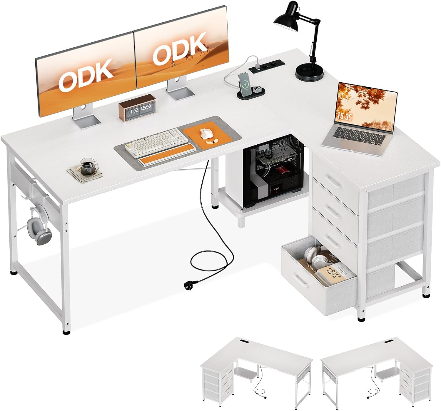 Coleshome Eckschreibtisch mit 4 Schubladen, Reversibler Schreibtisch mit Stauraum für Homeoffice, 135×100 cm, Bianco