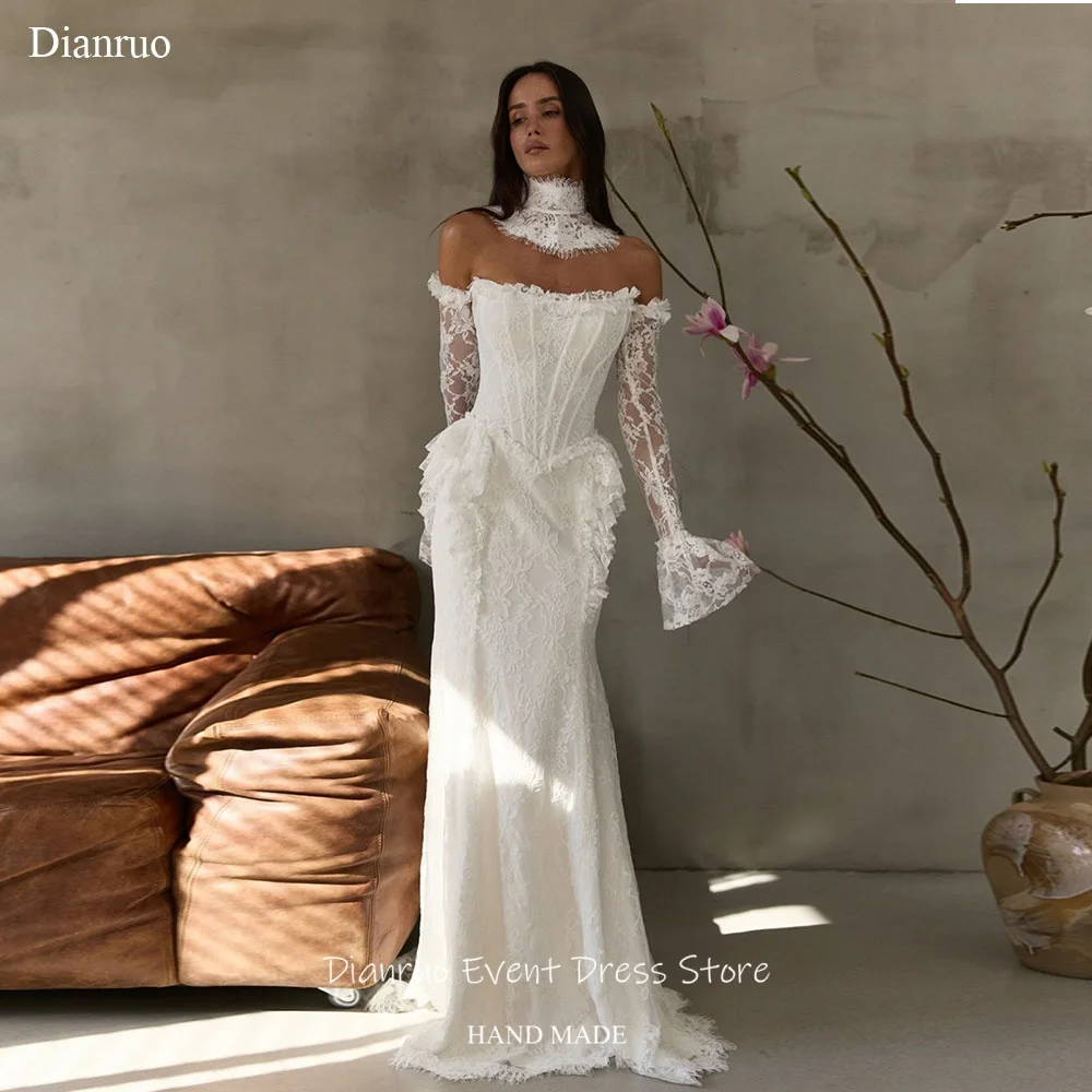 Dianruo Vintage Lace Flared Sleeves Wedding Dresses Appliques Women's Evening Dresses Mermaid Long Robe De Mariée Customized