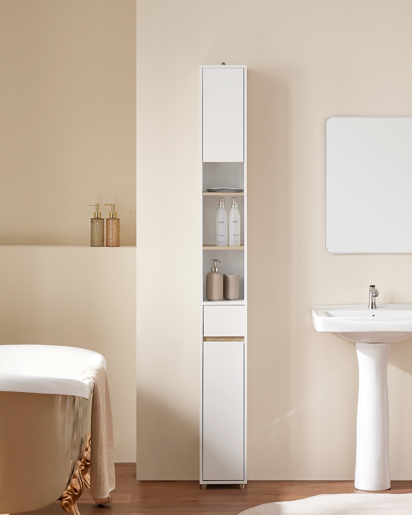 SoBuy BZR34 armário alto com 5 compartimentos Armário de banheiro com 1 gaveta e portas móveis de banheiro Branco BHT cerca de 20x180x20cm