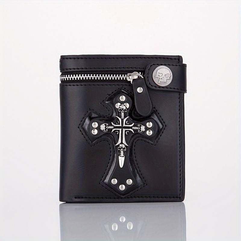 Estilo punk novo 2025 retro masculino crânio cruz carteira saco de embreagem corrente rebites bolsas de cartão vintage rocker multi-função mini carteira