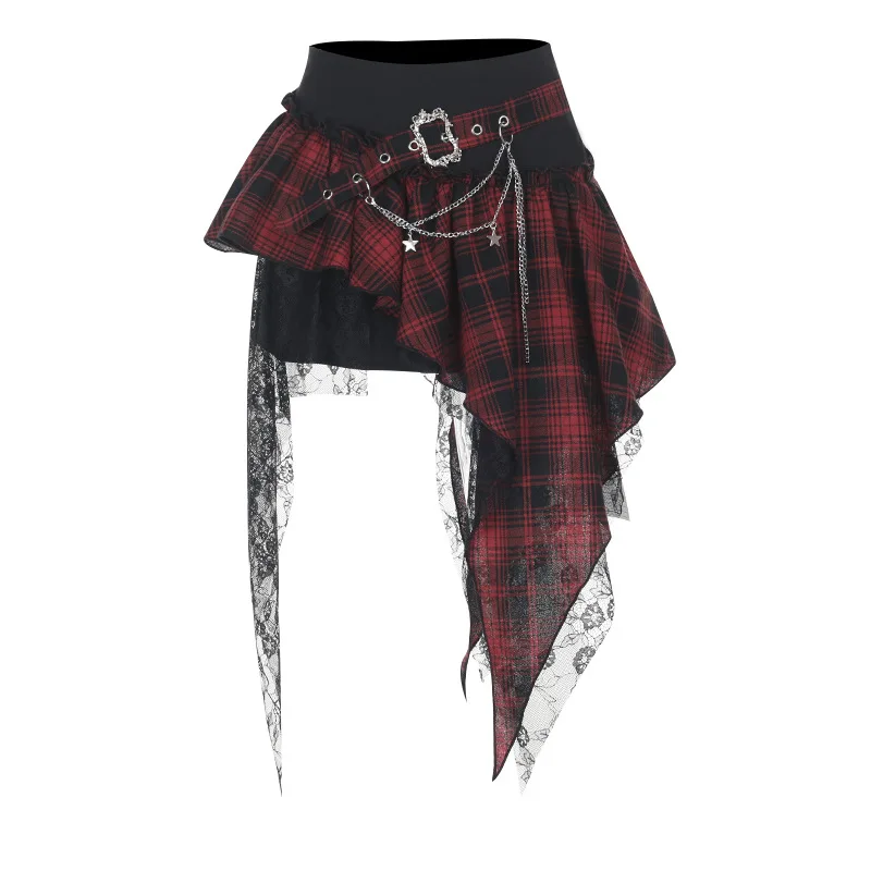 Falda gótica Punk para mujer, ropa de calle Harajuku, falda a cuadros roja de retales irregulares, falda Hotsweet Y2k para discoteca