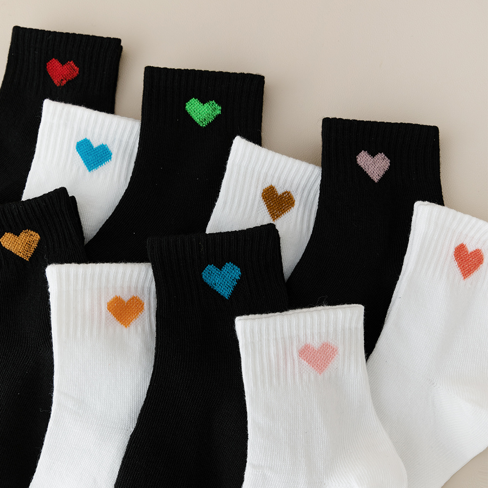 10 pares de calcetines infantiles con diseño de corazón, calcetines deportivos blancos y negros para niñas, calcetines a media pantorrilla para primavera, verano, otoño.