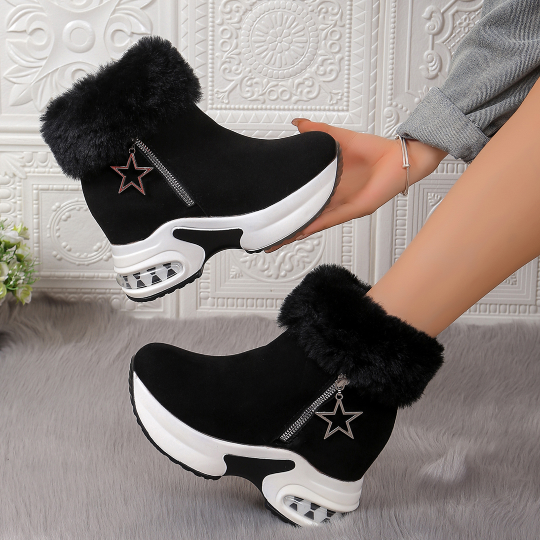 Damenstiefel Winter 2024 Neue Lässige Hochhackige Warme Stiefel Verdickte Flauschige Keilabsatz-Schuhe Modische Outdoor-Plattform-Schneestiefel für Damen