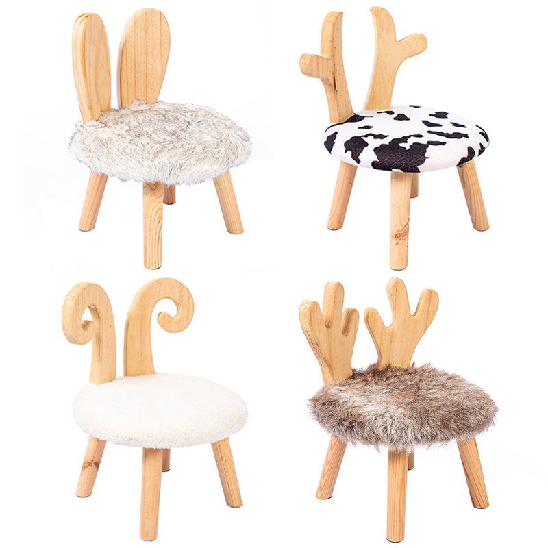 Bebê redondo fezes de madeira ovelha coelho animal almofada de pelúcia quarto jantar mobiliário sapato rack footstool macio pufe cadeira