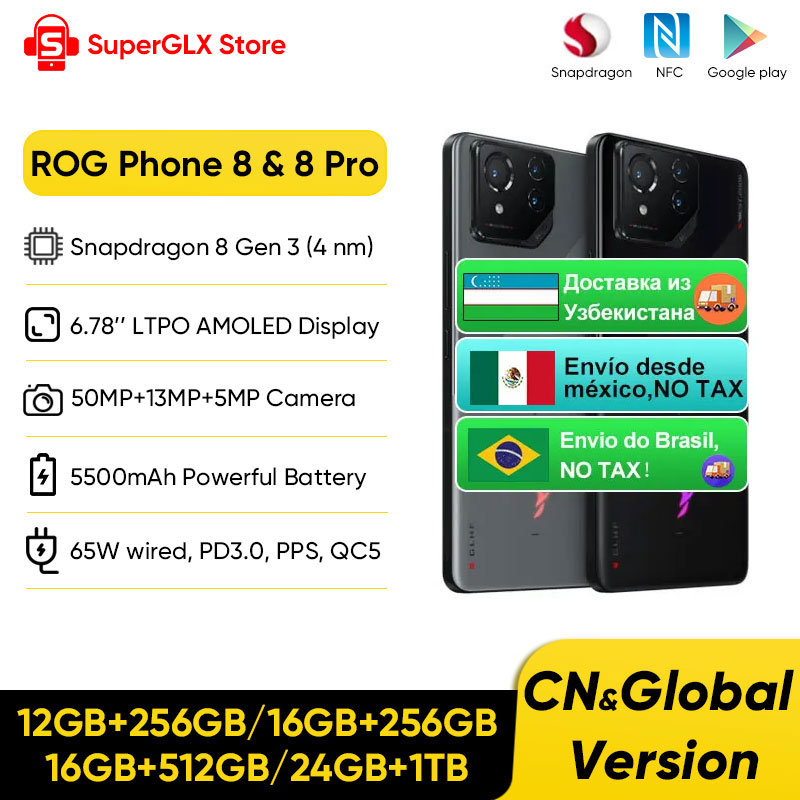 ROG Phone 8 y 8 Pro 5G Gaming Phone Snapdragon 8 Gen 3 6,78 ''165Hz E-Sports Pantalla AMOLED 50MP IMX890 Cámara 65W Carga rápida