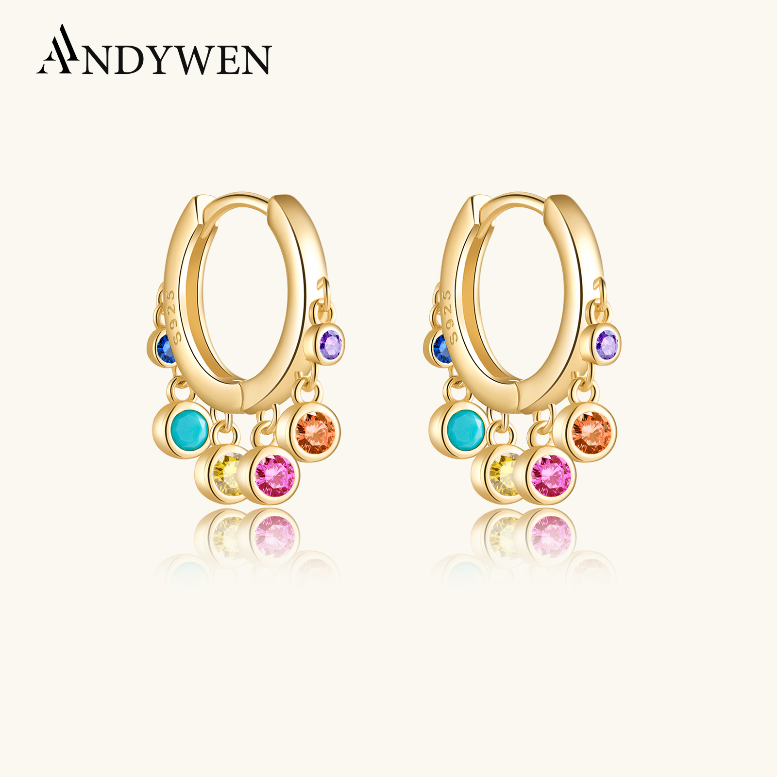 ANDYWEN 925 Sterling Silver 9.5mm Six Color Zircon Charm Piercing Ohrringe Drop Earring 2023 Pendiente Fashion Fine Jewelry