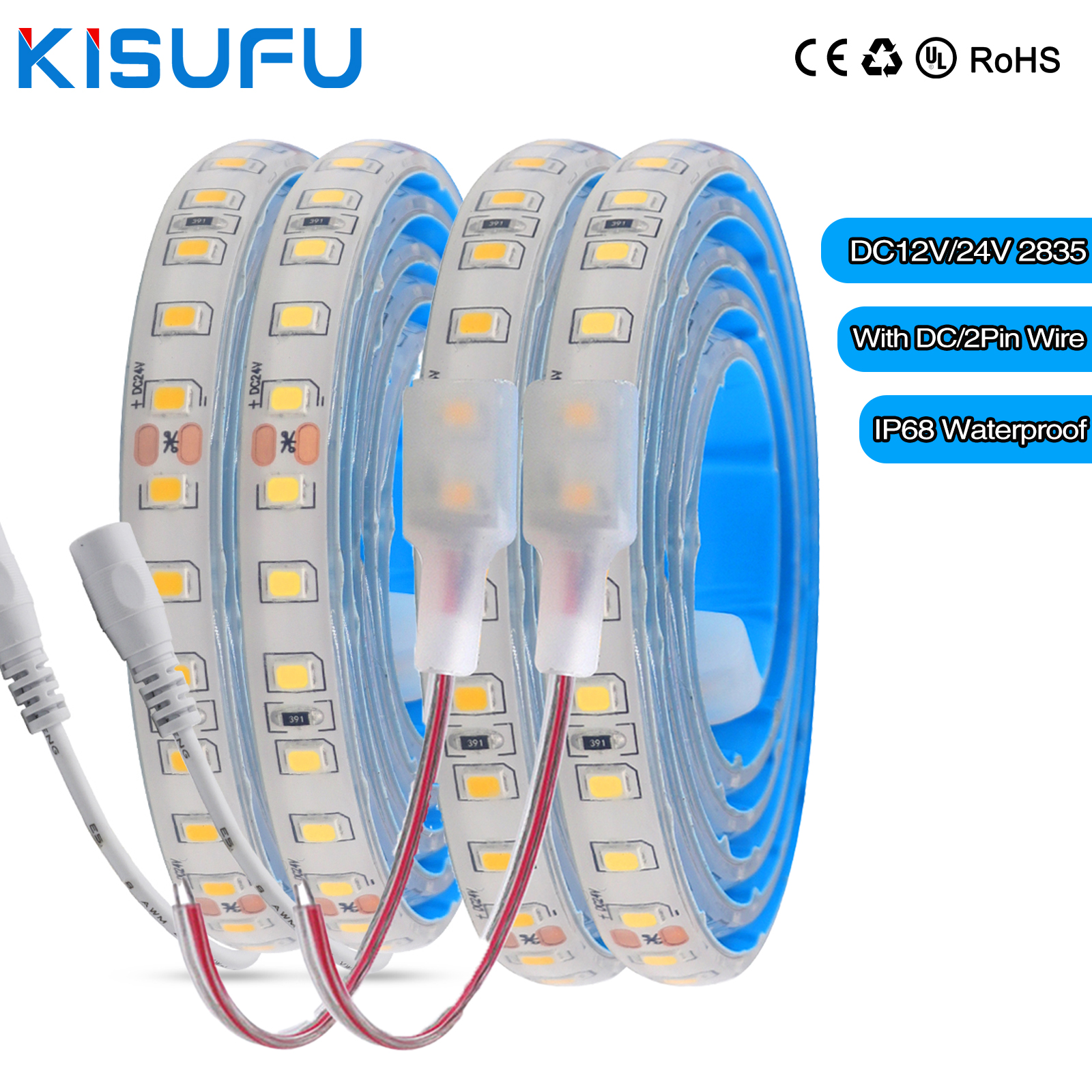 Tira de Luz LED Impermeable IP68 2835 12V 24V 120LED/m con Cable de 2 Pines/Conector DC, Cinta Adhesiva Flexible 3000k/4500K/6000K 1M-20M