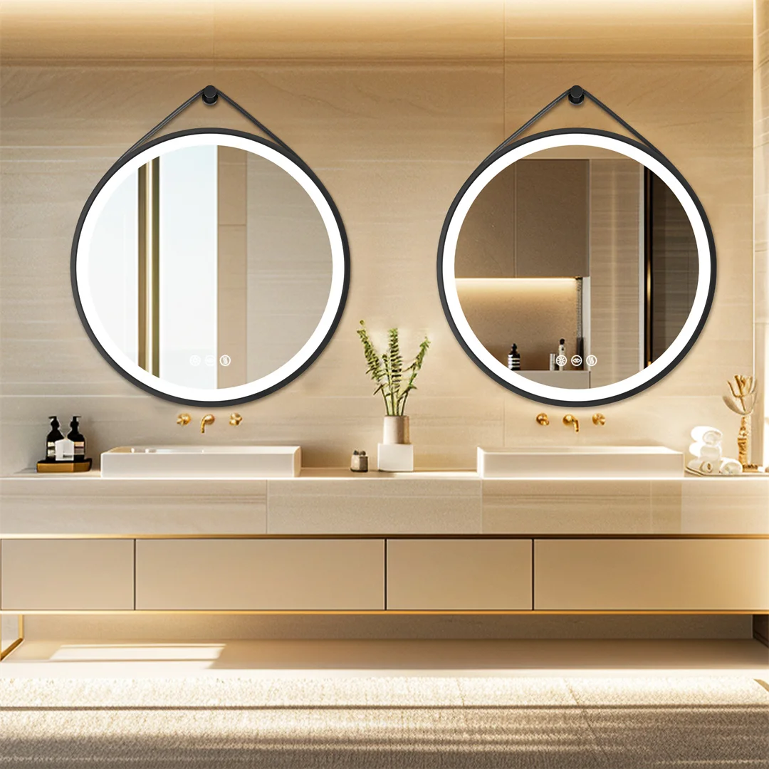 Espejo de Baño Redondo Grande de 32 Pulgadas LUVODI, con Iluminación LED, Marco Negro, Sensor Táctil, Espejo de Pared para Baños