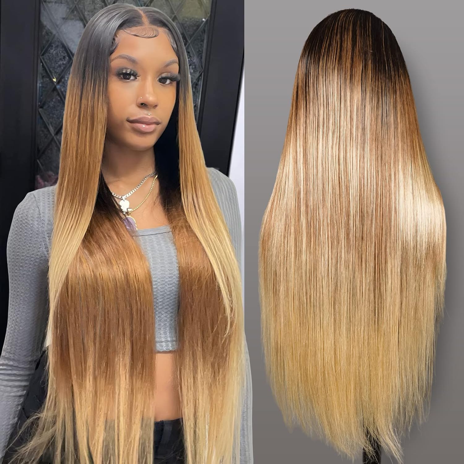 Peluca con malla frontal ombré 13x6, cabello humano prearrancado OT4/30/27, peluca con malla frontal de color rubio miel prearrancada para mujeres