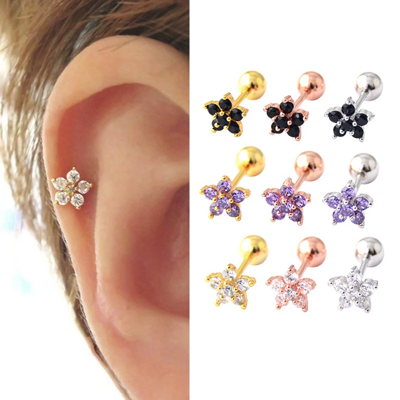 1 pièces minimaliste minuscule acier inoxydable Cartilage boucle d'oreille cubique Zircon pentagramme fleur petit Piercing oreille bijoux accessoire