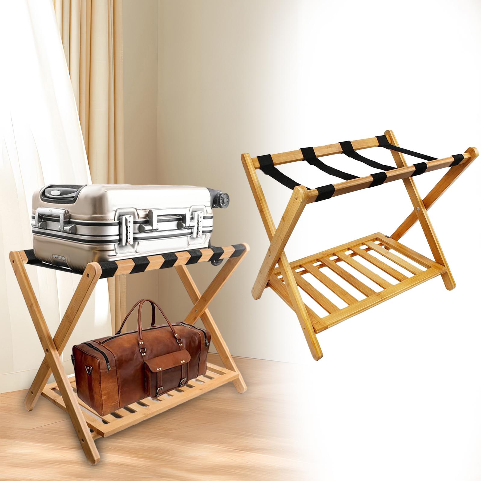 Portaequipajes de madera resistente, organizador plegable portátil, grueso, estante de dos niveles, soporte de maleta para habitación de invitados, dormitorio de Hotel