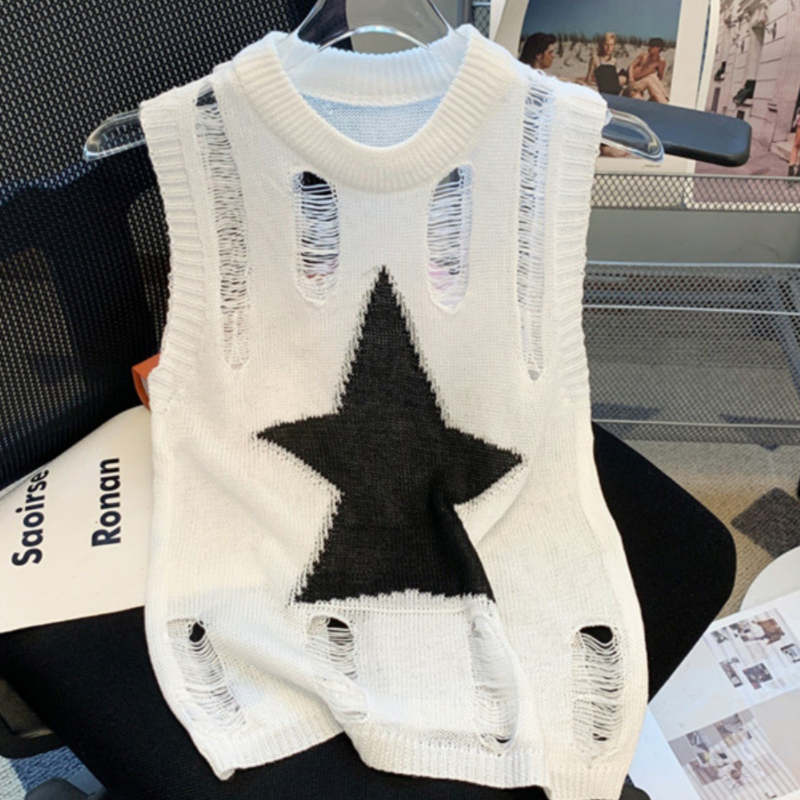 Mode O-hals Mouwloos Vrouwen Y2k Sexy Hollow Out Vest Zomer Slim Fit Korte Tank Top Gat Ster Borduren Gebreide Top