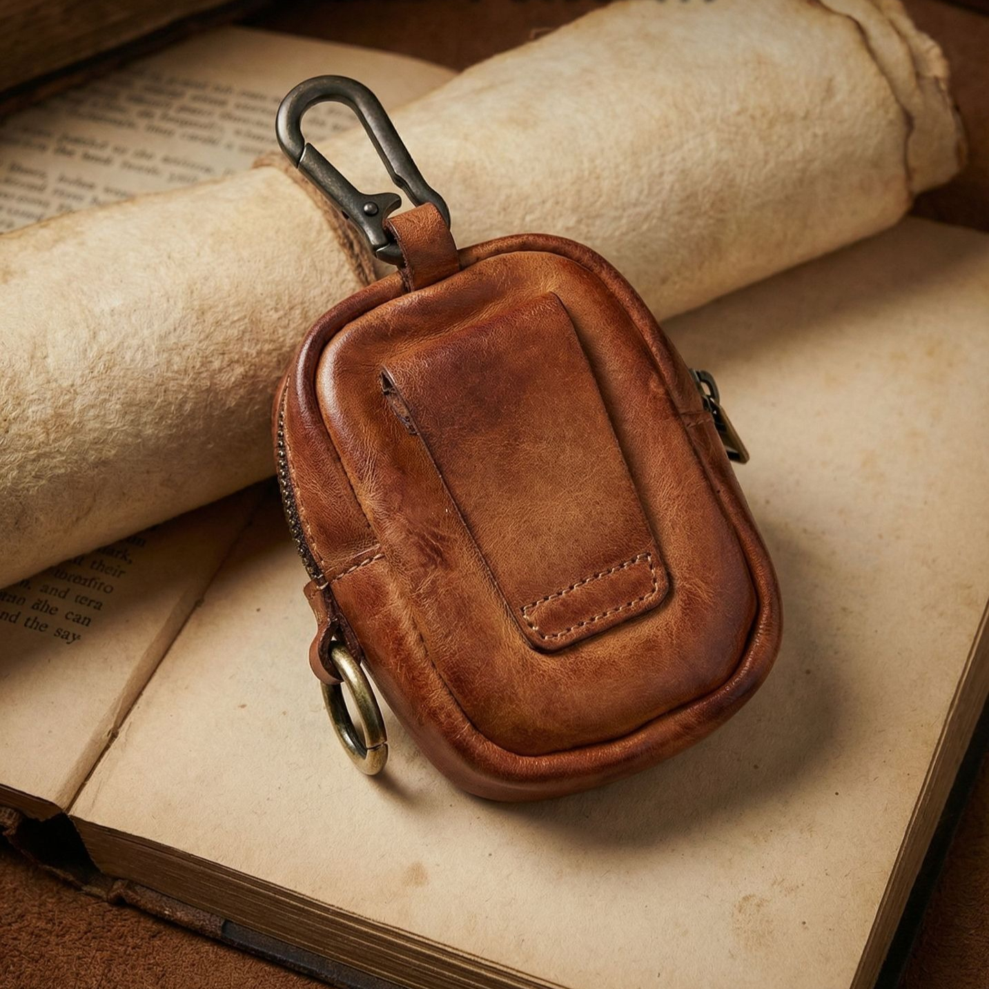 Monedero para hombre, mini billetera de cuero genuino con cremallera y presilla para cinturón, bolsa ligera para llaves para hombre