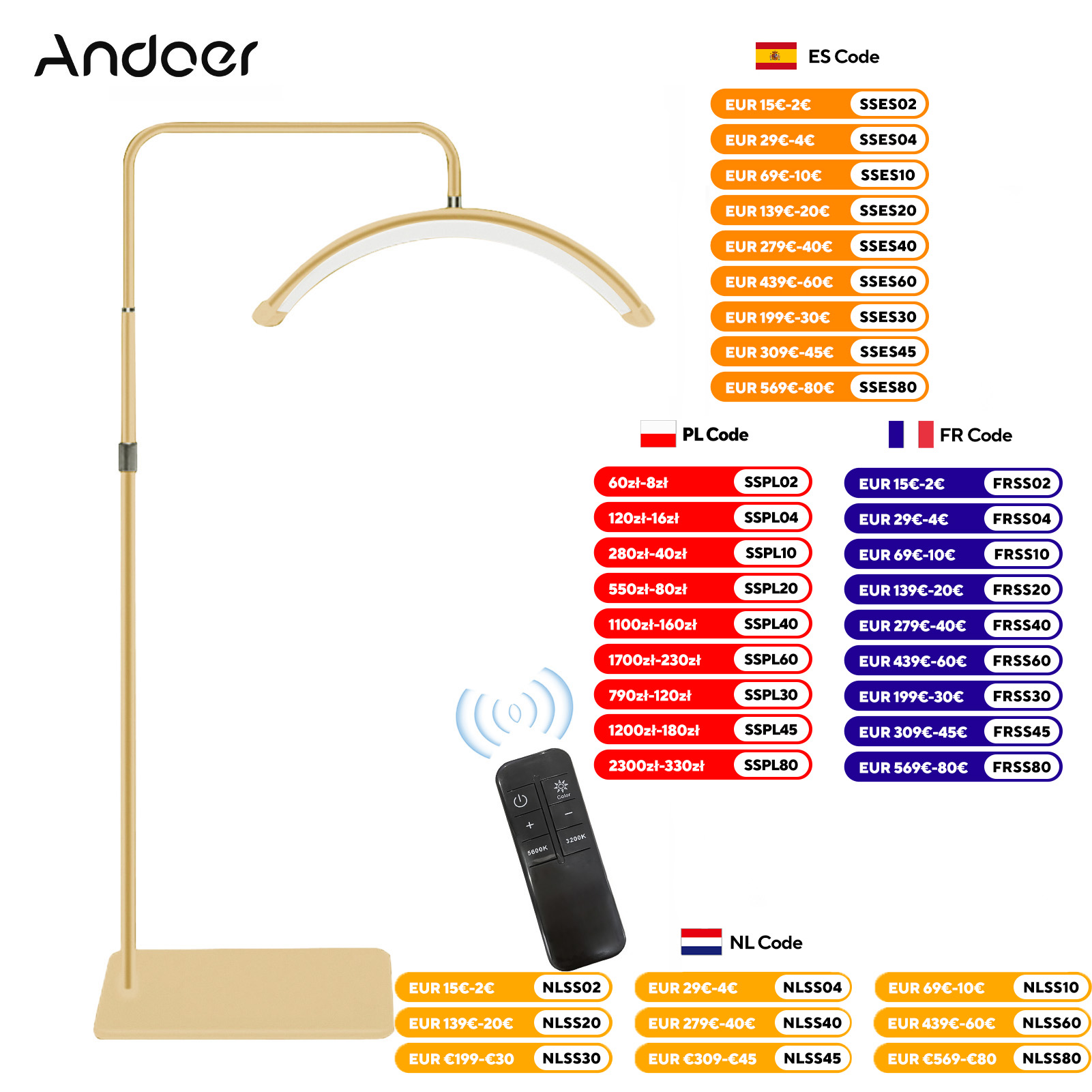 Andoer HD-M6X 36W Piso LED Luz de vídeo em forma de meia lua Luz de preenchimento 3200K-5600K regulável com suporte de luz de metal de 180 cm/70,9 pol.