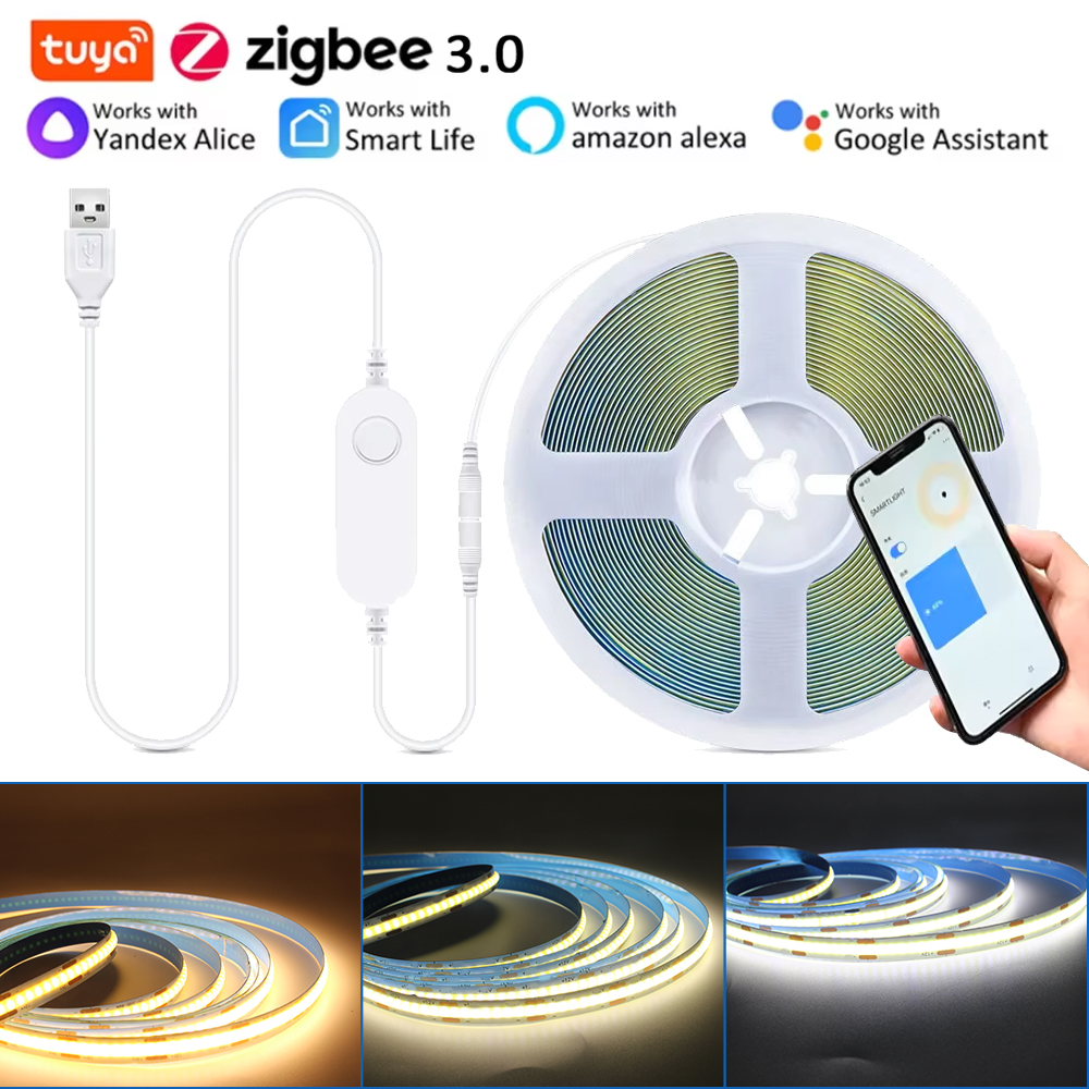 5V USB Zigbee Tuya Wifi LED Strip Set Zigbee3.0 Controller 320LEDs/M COB LED Strip Light Smart Life APP Control for Alexa Google