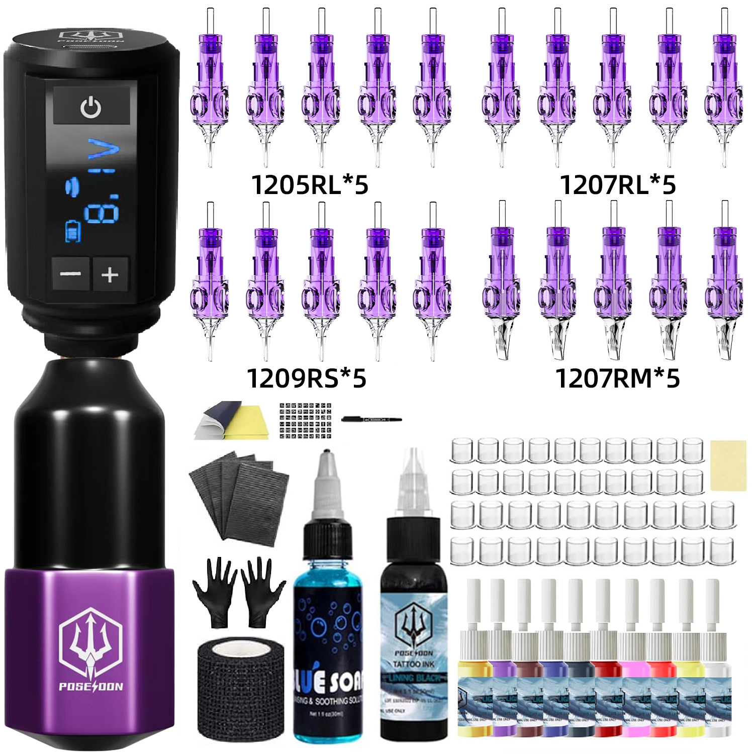 POSEIDON-Kit sem fio Tattoo Gun, caneta leve para maquiagem permanente, máquina, fonte de alimentação