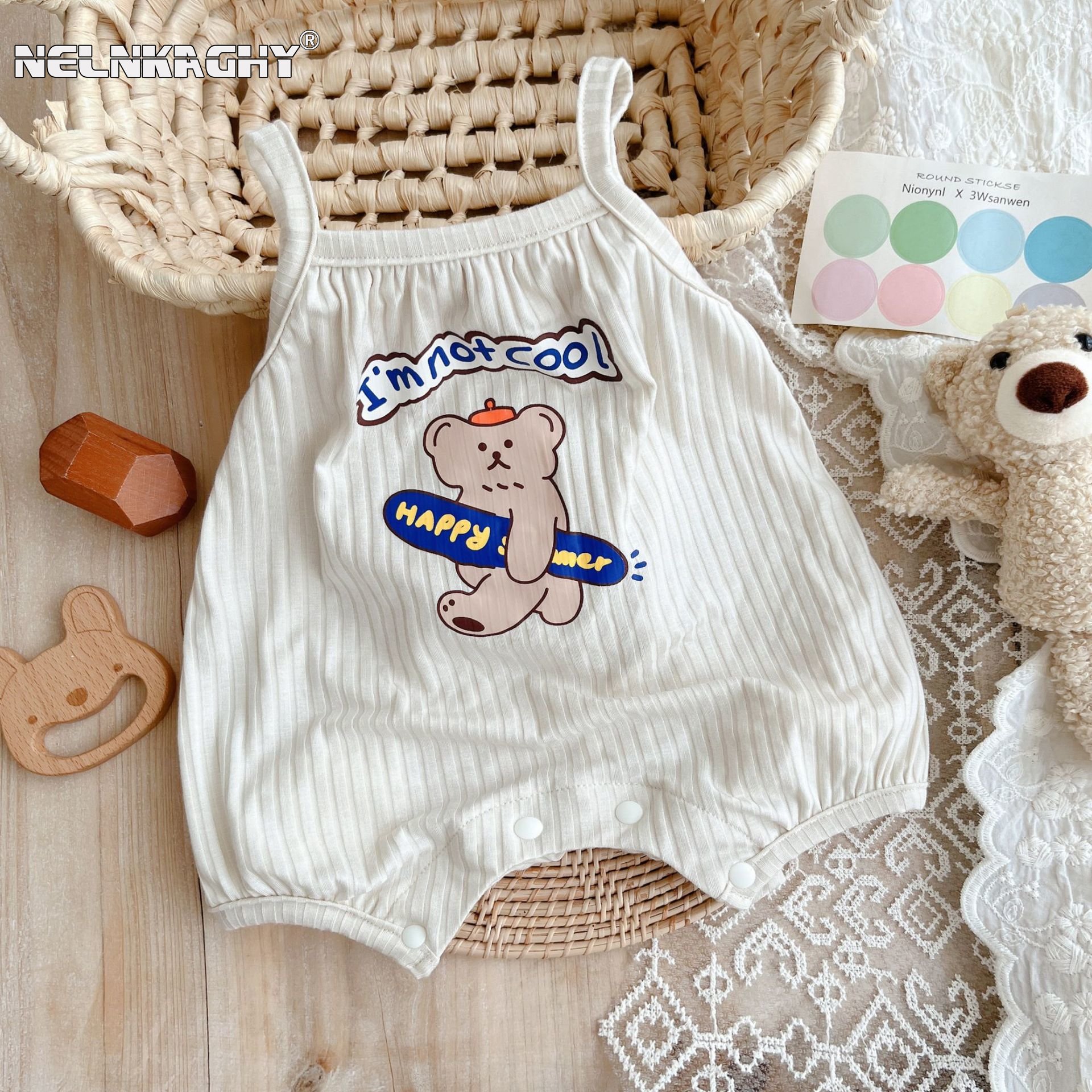 Jumpsuit selempang beruang kartun lucu, untuk bayi balita-90% katun, tipis, bernapas sempurna musim panas Romper anak bayi