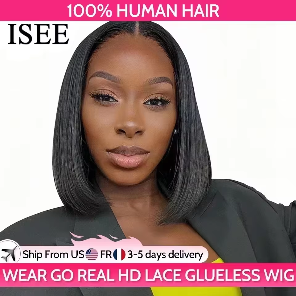 ISEE HAIR Wear And Go Lijmloze pruik van echt haar Bob HD Kant Recht Korte bob 6x4 Kant Frontaal Voorgeplukt Menselijke pruiken Klaar om te gaan