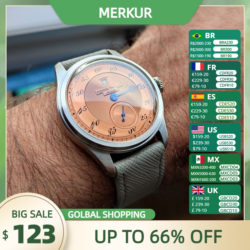 Spot goods NEW Pierre Paulin Jumping Hour Men Watch Salmon Dial Automatic St17 Mechanical Watch Vintage Date Window 38mm