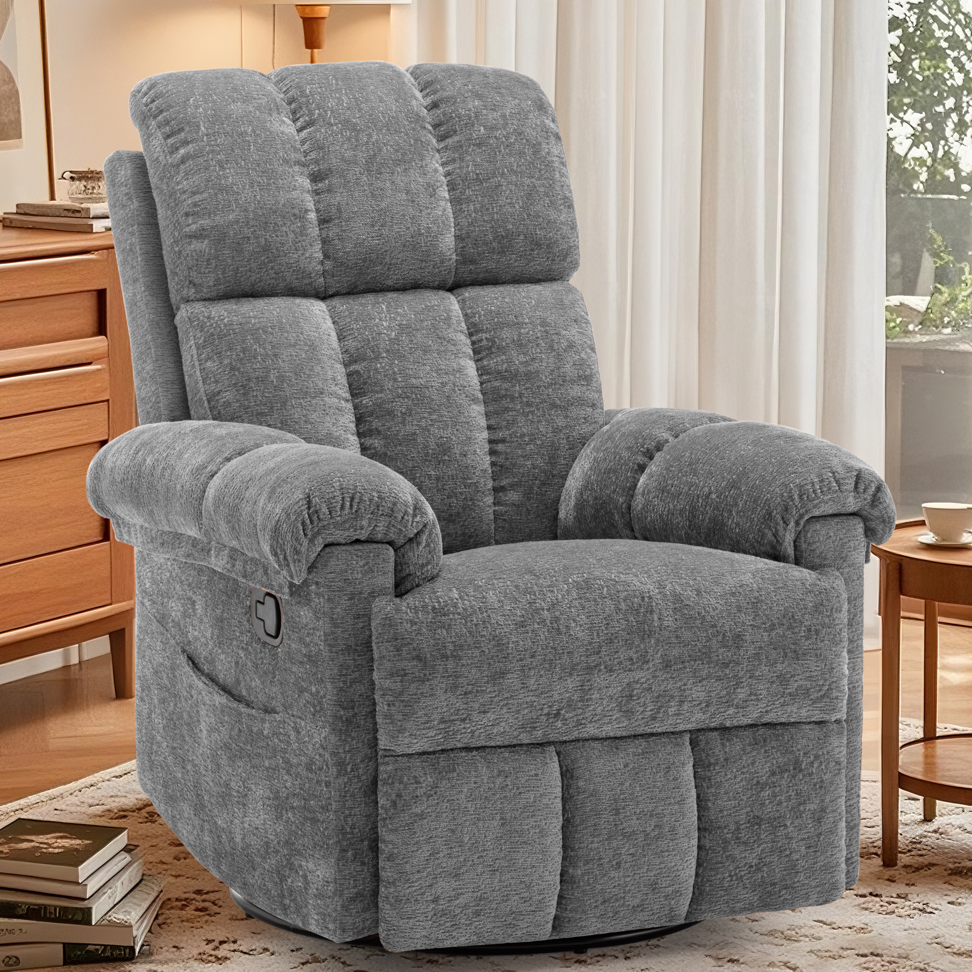 Korser draaibare schommelfauteuil met zijvakken, kleine fauteuil voor kleine ruimtes voor woonkamer, kinderkamer, chenille