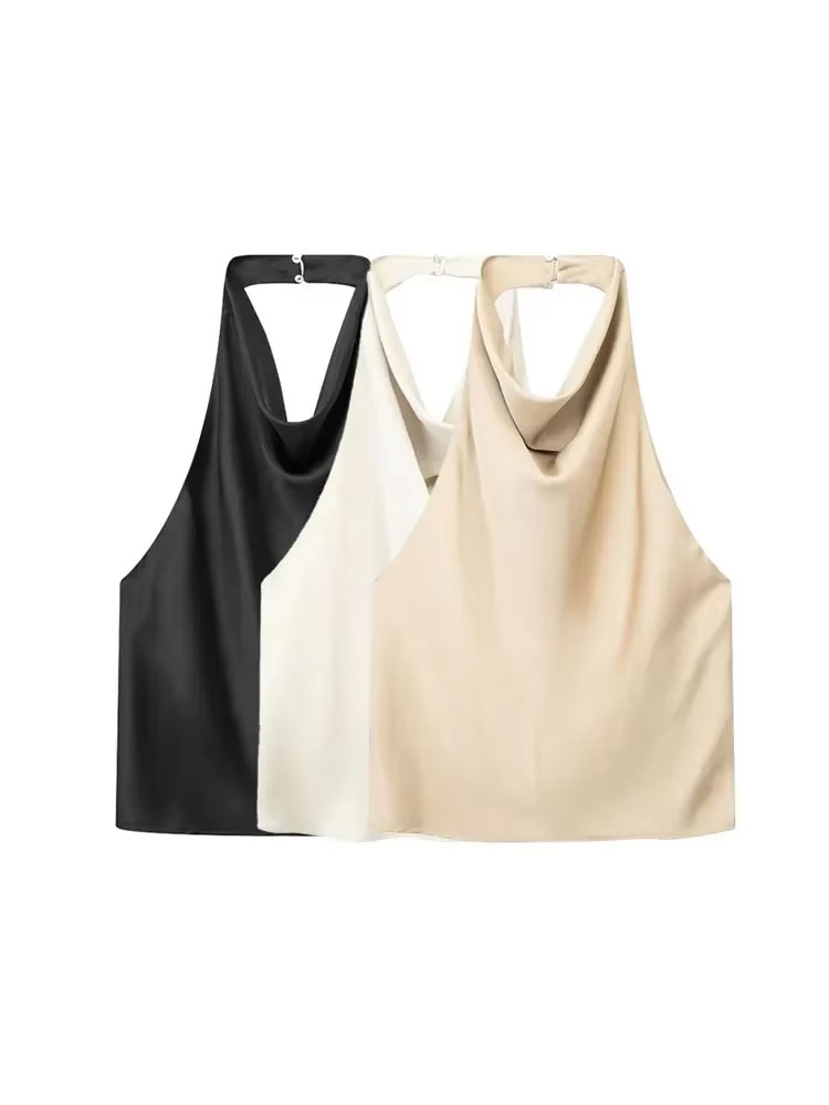 Women Fashion Satin Flowing Halterneck Tank Tops Sexy Backless With Button Female Camis Mujer