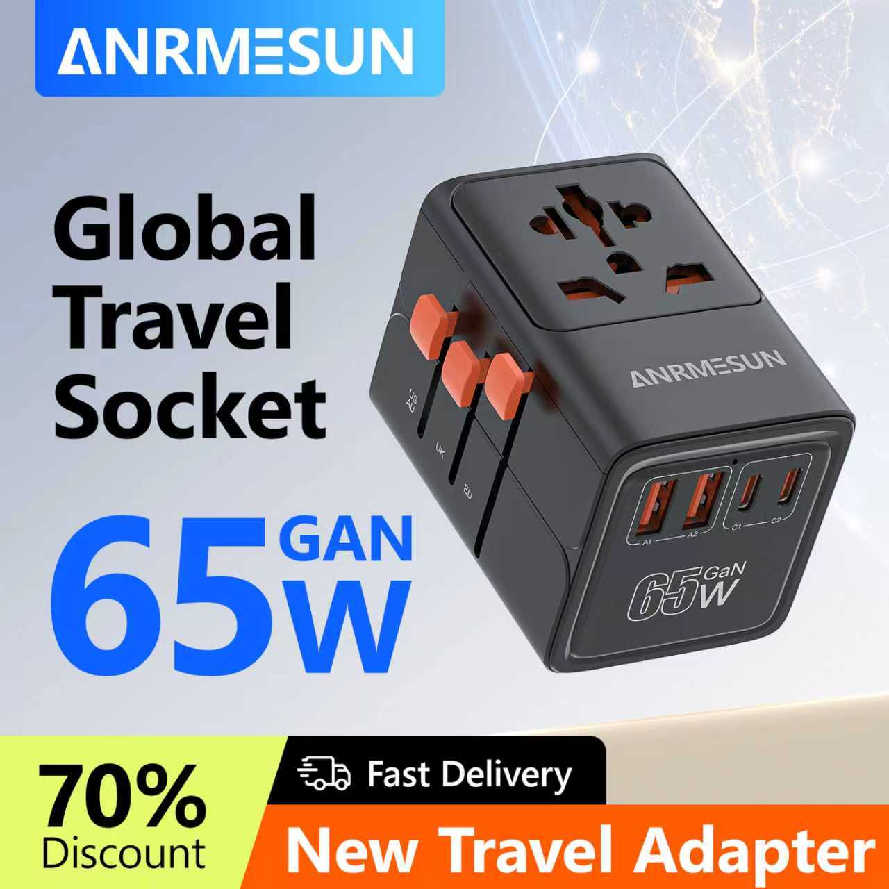 Универсальный дорожный адаптер с 4 розетками переменного тока, 1 USB-порт, 2 Type-C PD, 25 Вт, универсальная быстрая зарядка на вилке ЕС, Великобритании, США, AUS
