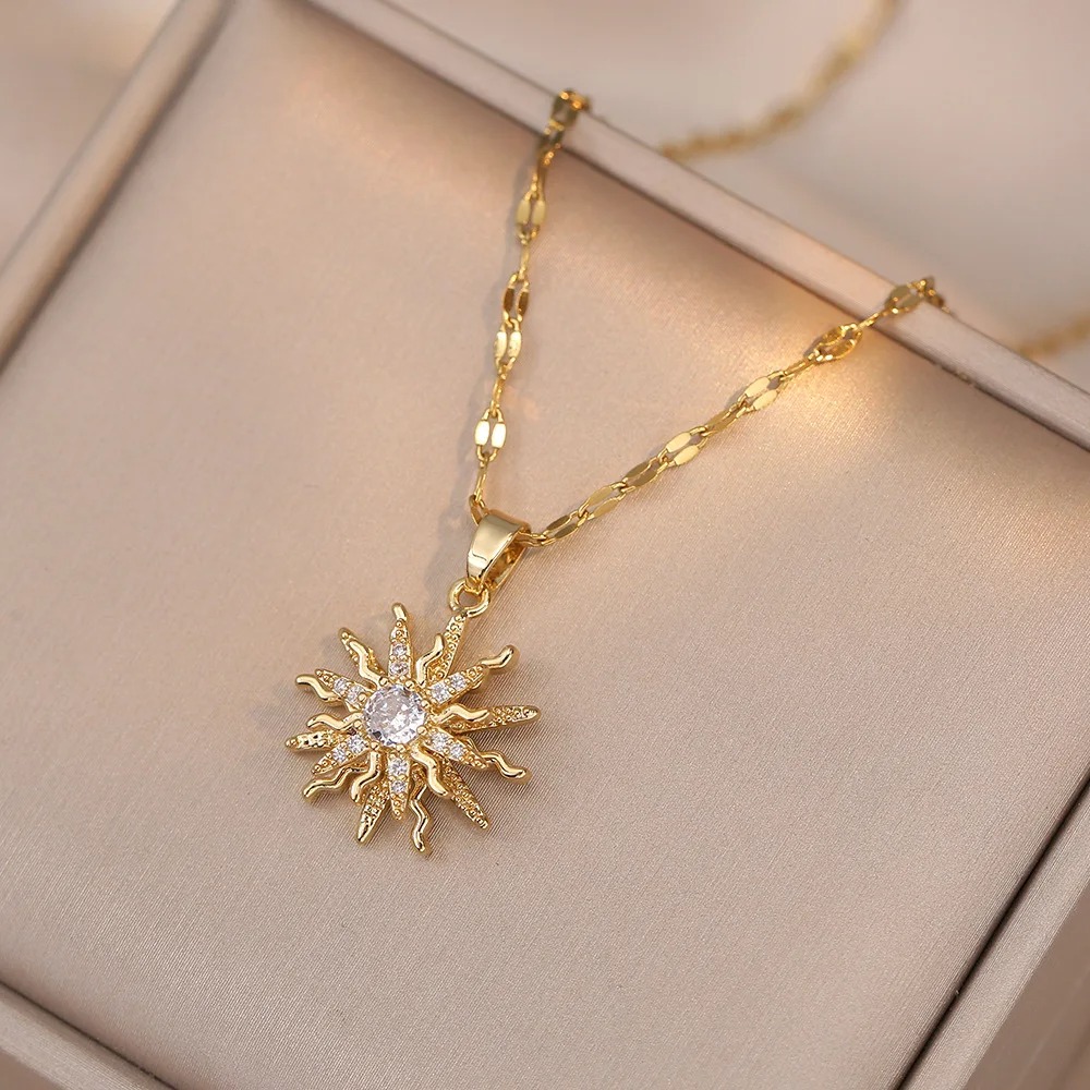 Roterende bloem hanger roestvrij stalen kettingen kettingen voor vrouwen antiek goud kleur wit zirkoon zon sleutelbeen ketting sieraden