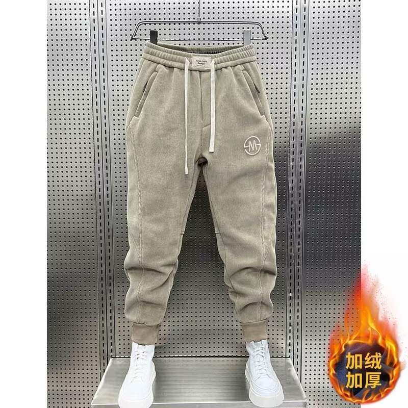 Pantalones de chándal de lana a la moda, pantalones bombachos holgados con cintura elástica para hombre, pantalones informales de pana para correr para otoño e invierno, 2024