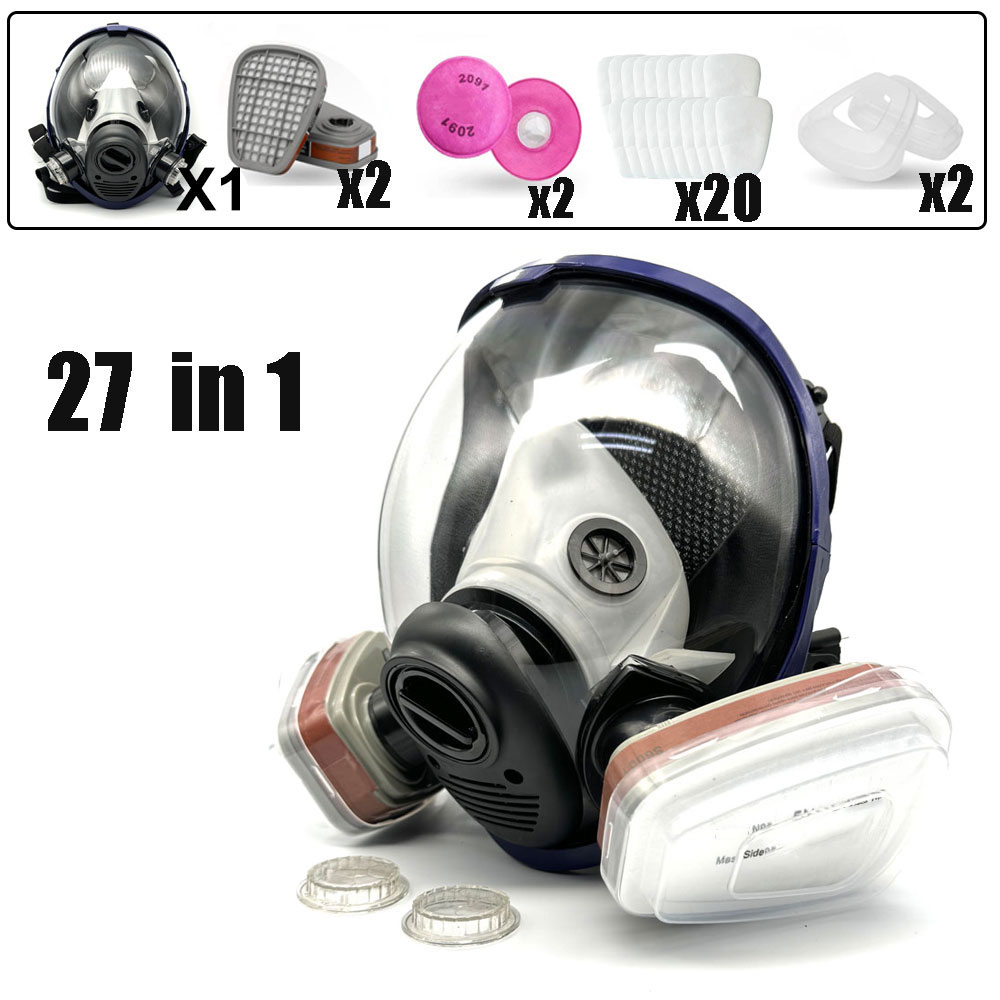 Masker Gas Respirator Wajah Penuh dengan Filter Karbon Aktif 40 Mm Cocok untuk Asap Kimia, Cat Semprot, Taktikal-Selamatan
