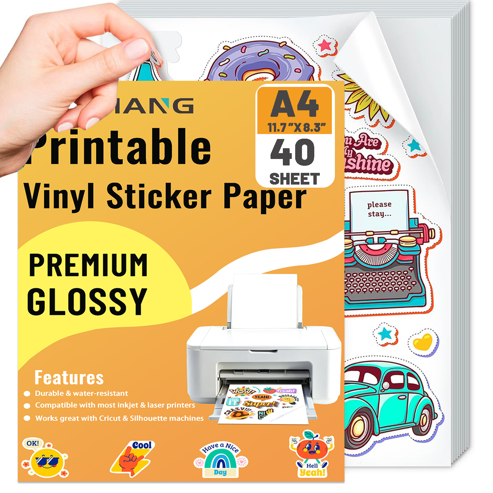 40 fogli di carta adesiva in vinile stampabile formato A4 (8,3 x 11,7) per stampante a getto d'inchiostro e carta adesiva lucida bianca laser impermeabile