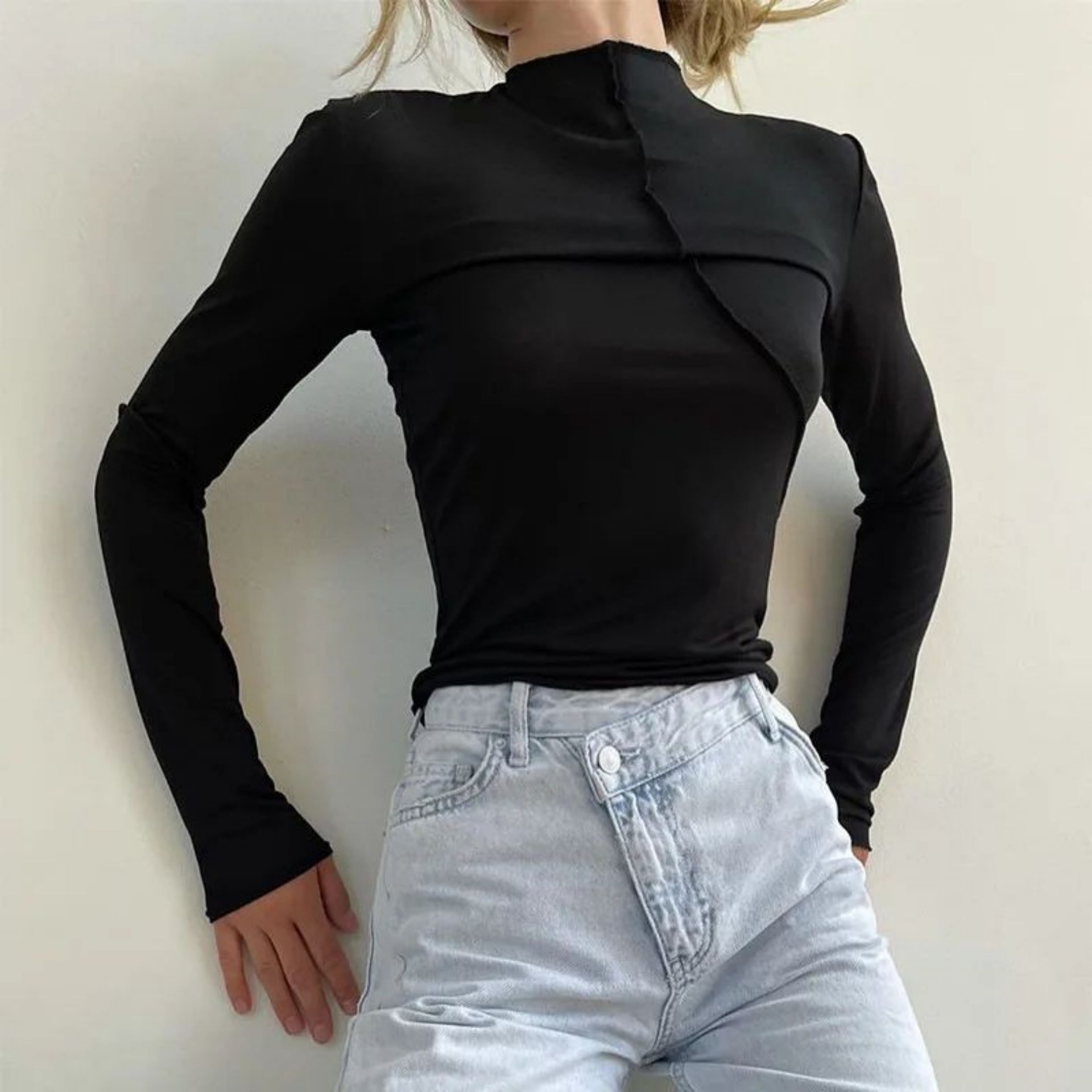女性用長袖クルーネックTシャツ,親指穴付きショートトップ,単色Tシャツ,スリムフィット,毎日のストリートウェア,夏のファッション