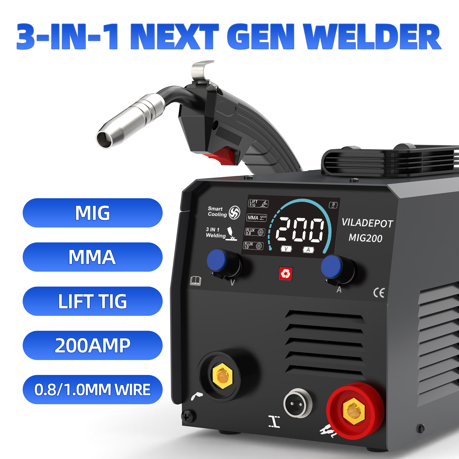 Viladepot 3 в 1, без газа, сварочный аппарат MIG/MMA/Lift TIG MIG200, полуавтоматический сварочный аппарат с порошковой проволокой, безгазовый