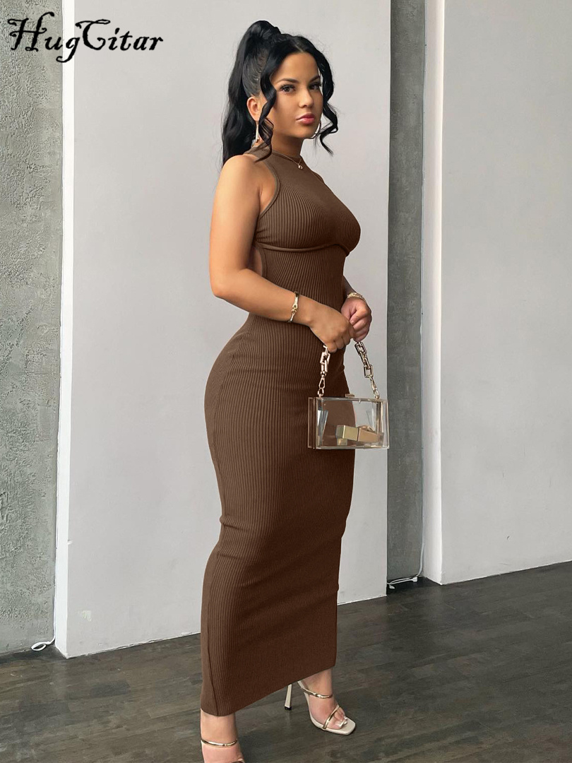 Hugcitar acanalado sólido ahueca hacia fuera sin espalda sin mangas Sexy hendidura Mini vestido ceñido al cuerpo 2025 primavera mujeres trajes elegante fiesta Y2K