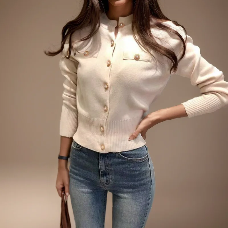 Sweter rajut lengan panjang wanita, kardigan musim gugur mode baru, mantel pendek lengan panjang kasual Korea Single Breasted, atasan tarik wanita 17375