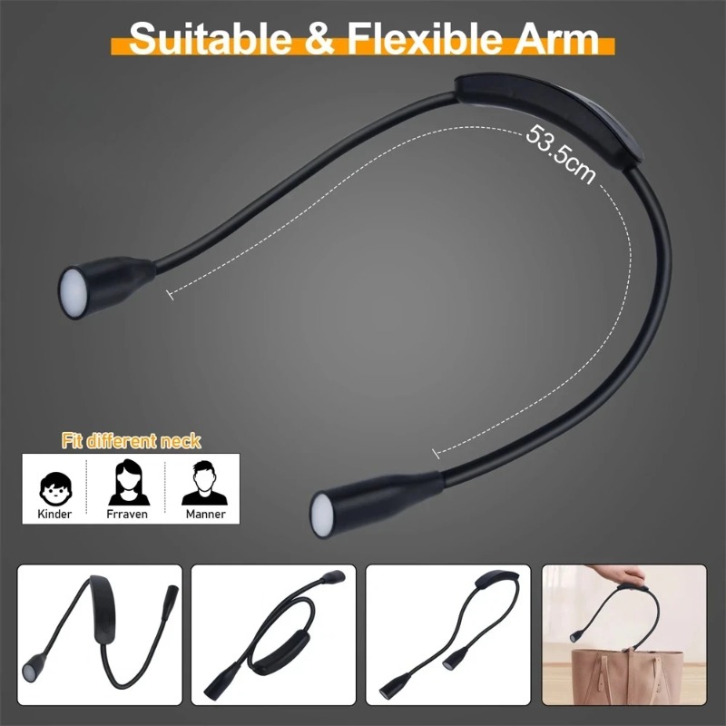Luz de Leitura LED para Pescoço, Lâmpada de Livro 360 °   Luz de Leitura Flexível para Livros, Lâmpada de Pescoço para Estudo, Luz Noturna de Leitura, Alimentada por Bateria