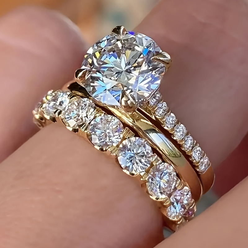 Huitan-Juego de 3 uds de anillos para mujer, joyería de dedo de circonia redonda brillante de lujo, accesorios de Color dorado a la moda para boda